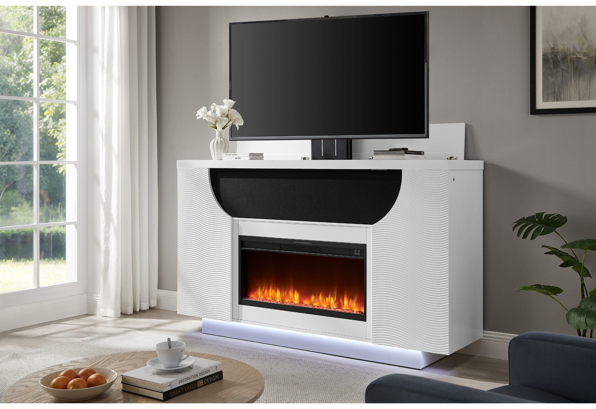 AVEENA WHITE 76″ ENTERTAINMENT UNIT WITH TV POP UP, LED, SPEAKERS, CRYSTAL INSERTS AND POP UP CENTER DOORS (1/CN)