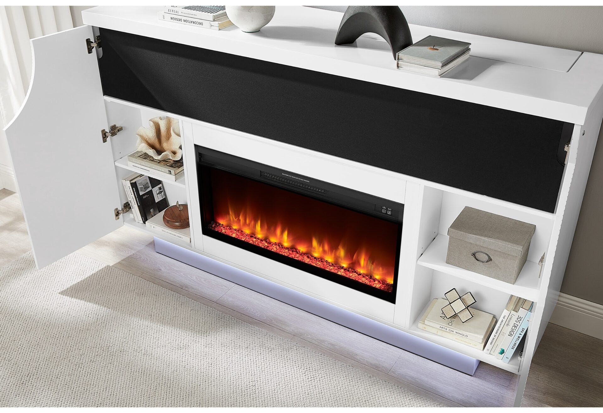 AVEENA WHITE 76″ ENTERTAINMENT UNIT WITH TV POP UP, LED, SPEAKERS, CRYSTAL INSERTS AND POP UP CENTER DOORS (1/CN)
