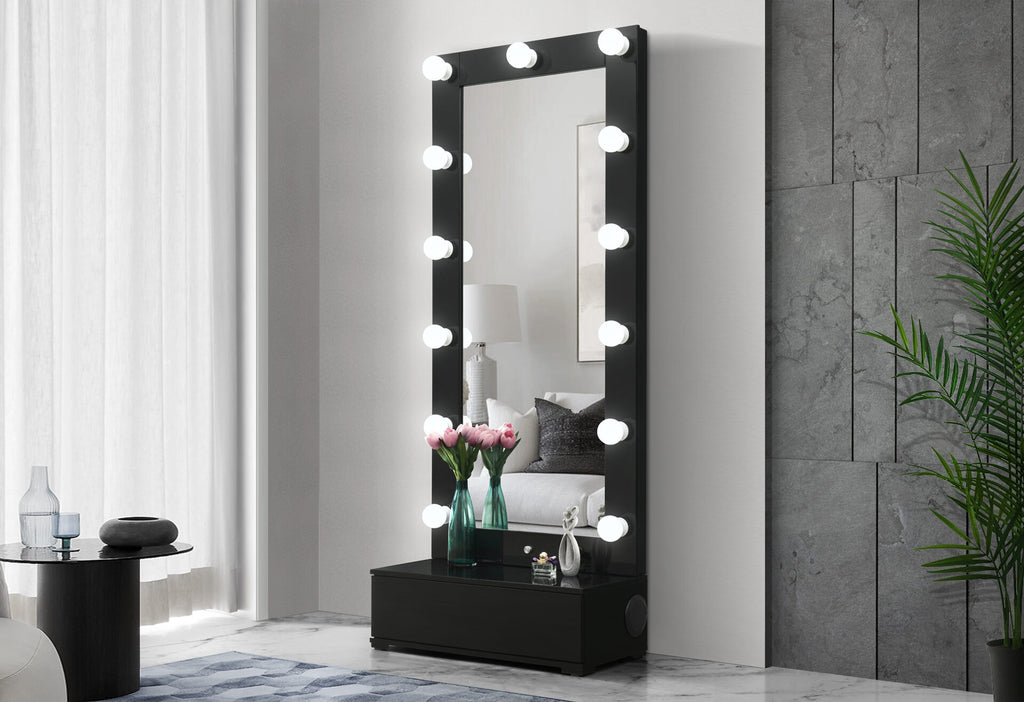 ELLA BLACK NARROW TALL MIRROR WITH DRAWER AND SPEAKER (1/CN)