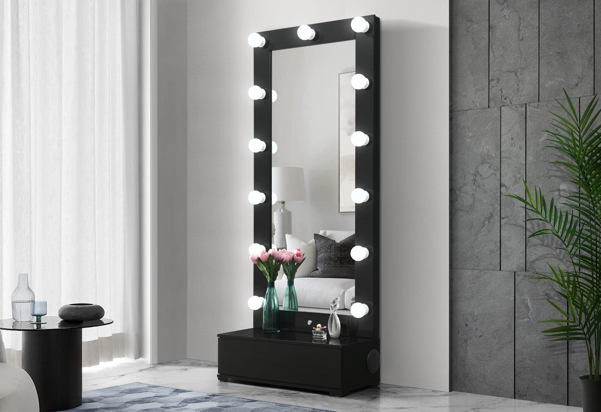 ELLA BLACK NARROW TALL MIRROR WITH DRAWER AND SPEAKER (1/CN)