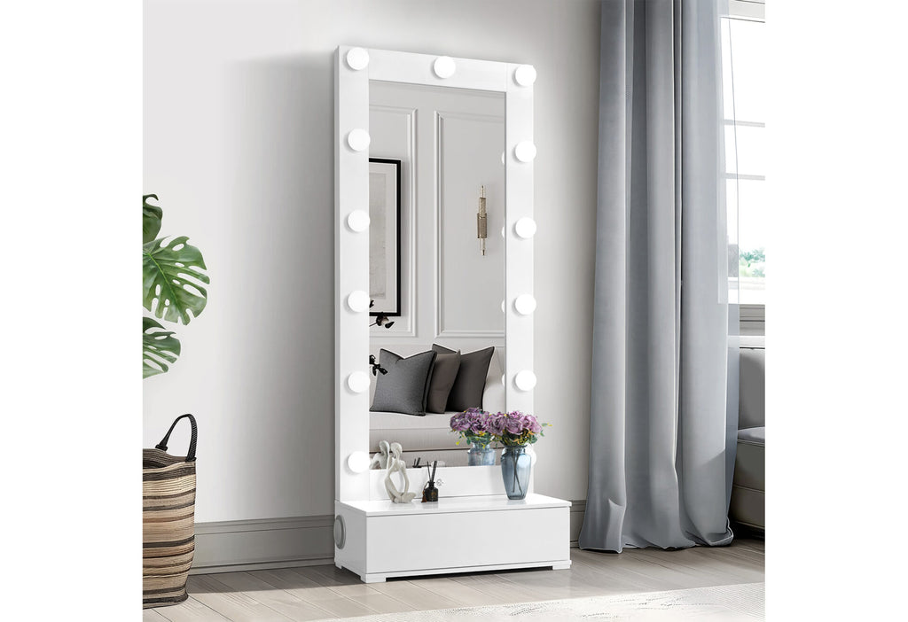 ELLA WHITE NARROW TALL MIRROR WITH LED AND SPEAKER (1/CN)