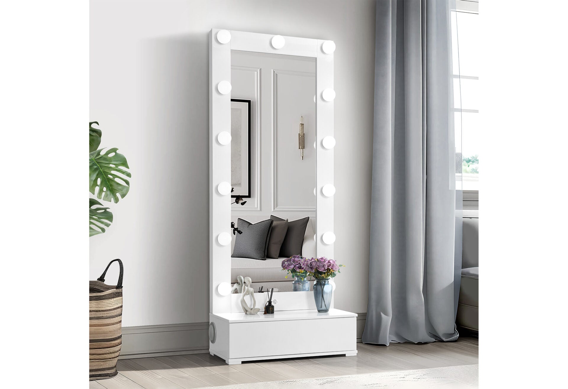 ELLA WHITE NARROW TALL MIRROR WITH LED AND SPEAKER (1/CN)
