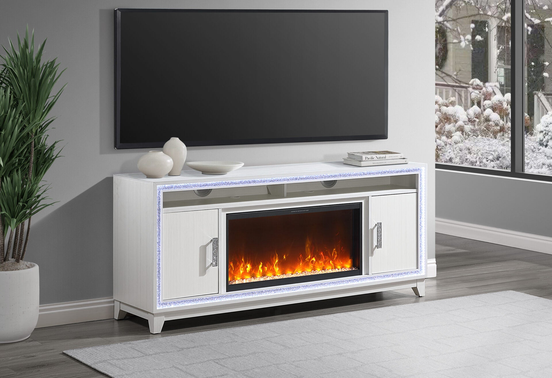 LILY WHITE ENTERTAINMENT UNIT 72 W/ LED, SPEAKERS, CRYSTAL INSERTS (1/CN)