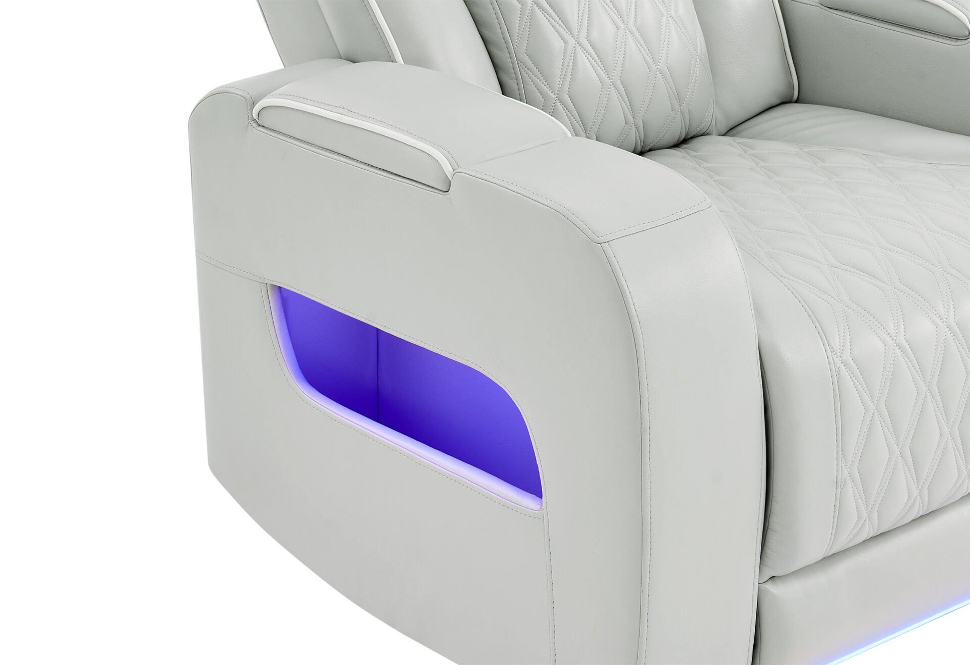 BLANCHE SILVER WITH WHITE WELT POWER CONSOLE RECLINING LOVESEAT WITH POWER HEADREST, LED AND SPEAKER (1/CN)