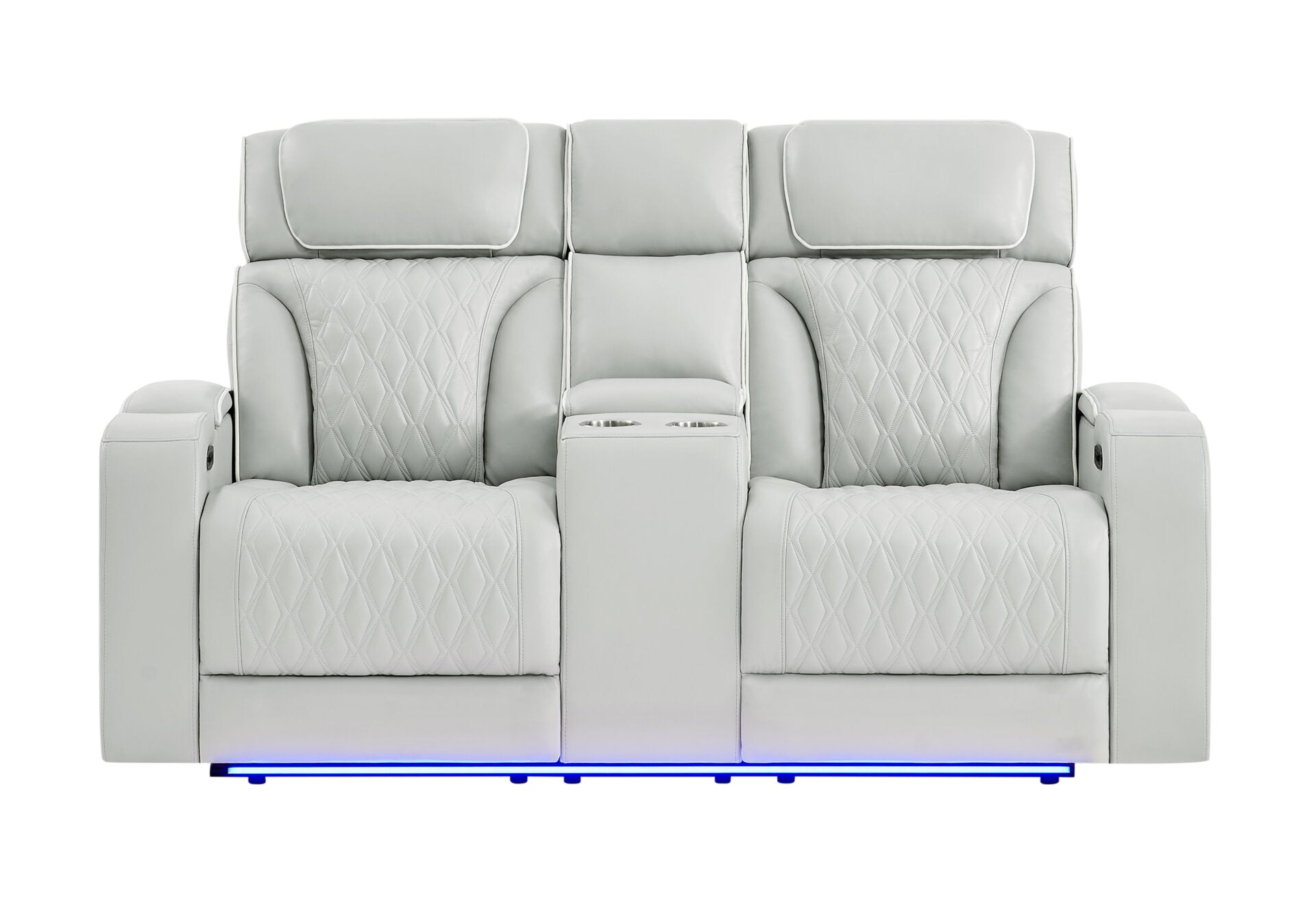 BLANCHE SILVER WITH WHITE WELT POWER CONSOLE RECLINING LOVESEAT WITH POWER HEADREST, LED AND SPEAKER (1/CN)