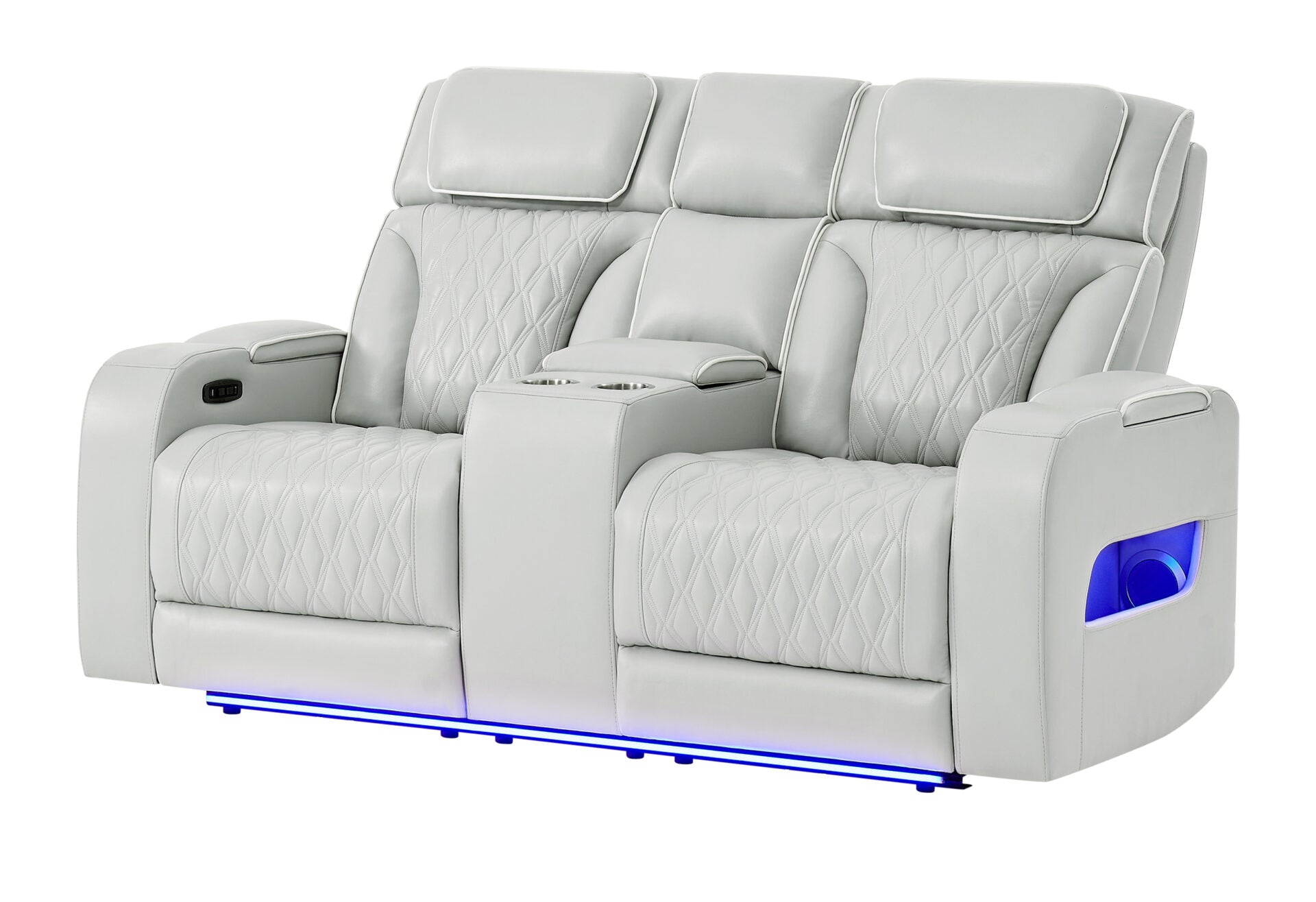 BLANCHE SILVER WITH WHITE WELT POWER CONSOLE RECLINING LOVESEAT WITH POWER HEADREST, LED AND SPEAKER (1/CN)
