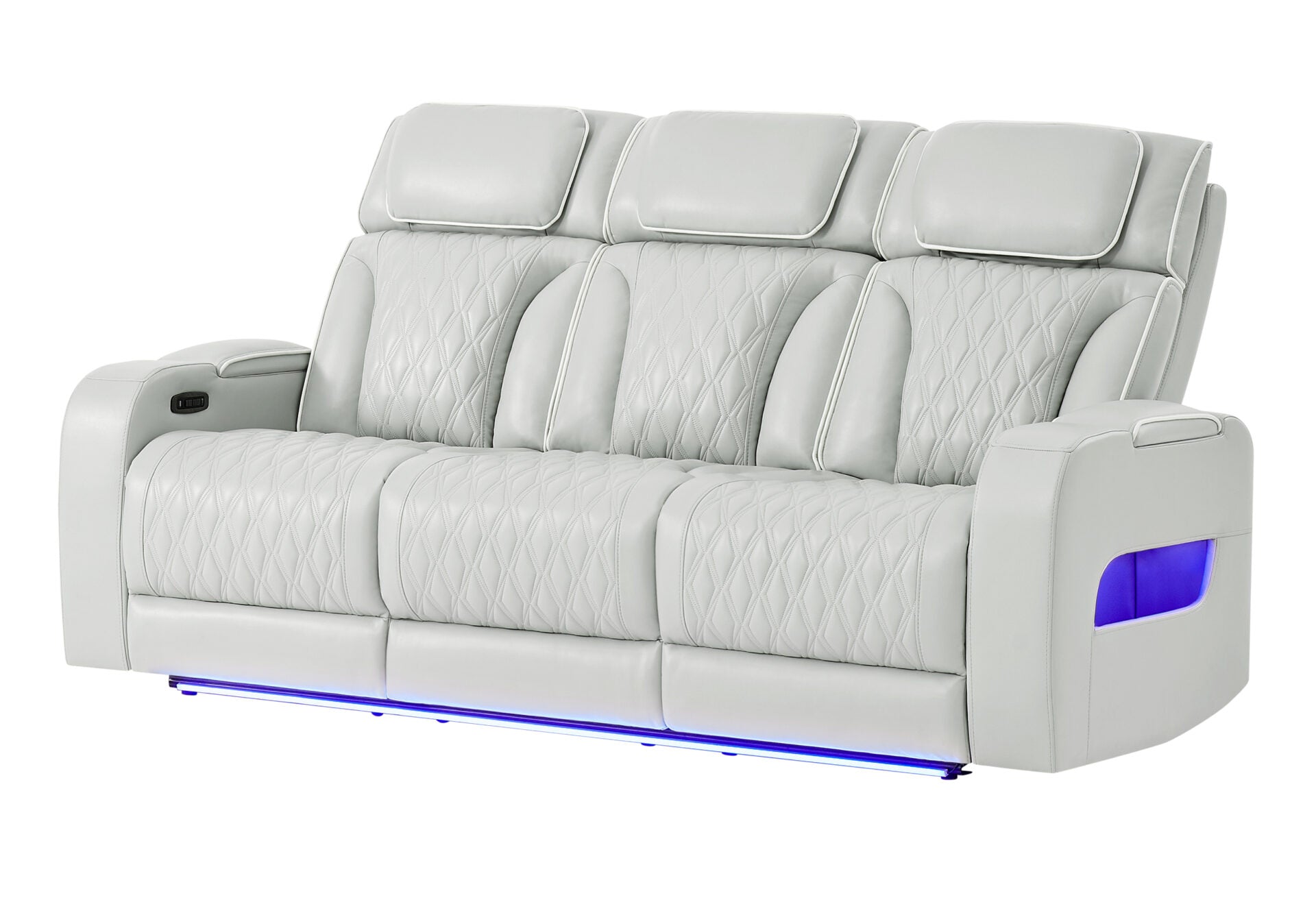 BLANCHE SILVER WITH WHITE WELT POWER RECLINING SOFA WITH POWER HEADREST AND LED (1/CN)